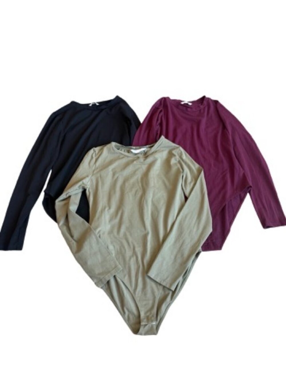 Mangopop Black Burgundy Olive Long Sleeve Bodysuit Set of 3 Fitted Large Women's